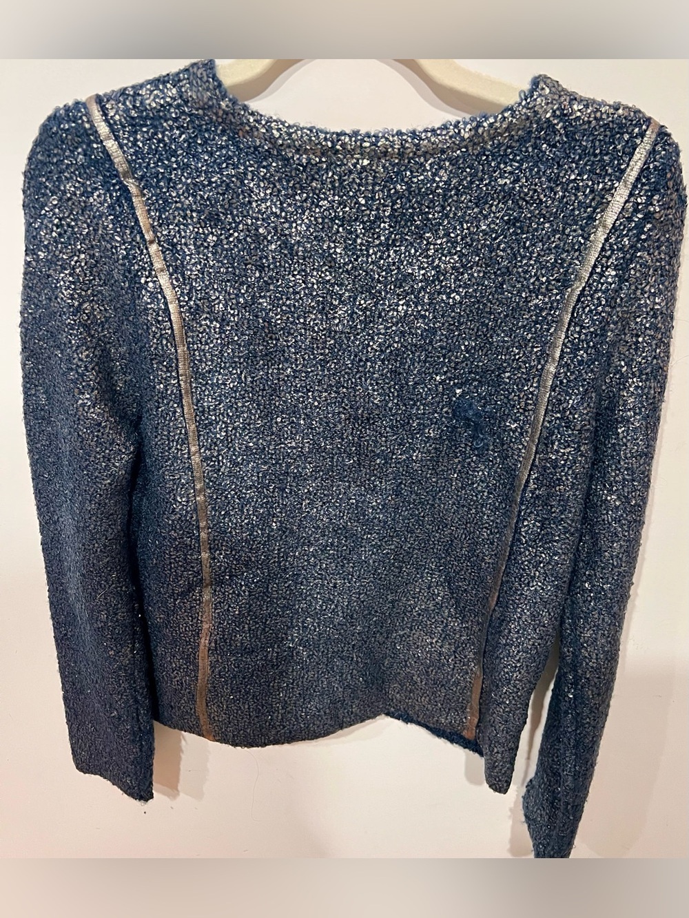 Beulah Tweed Zip Jacket Navy Blue Metallic Thread Cropped BlazerChic Structured - Picture 8 of 8